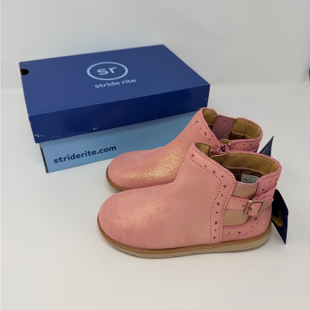 NIB 10 Wide Stride Rite Agnes Glittery Pink Blush  Girls Leather Boots